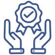 Hands holding a checkmark badge icon.