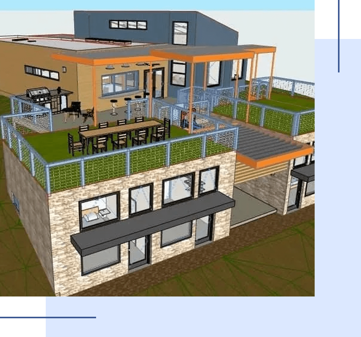 Modern three-story house with large windows and outdoor spaces.