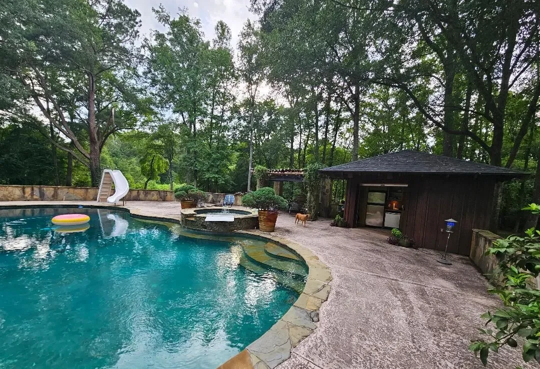 Curved swimming pool with slide and lounge chairs in a lush backyard.