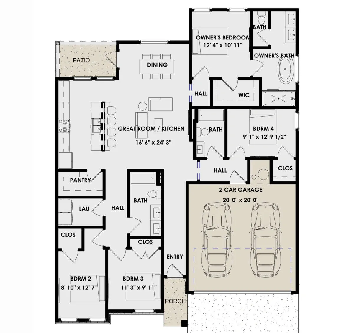 Modern 3-bedroom house floor plan with garage and outdoor patio.