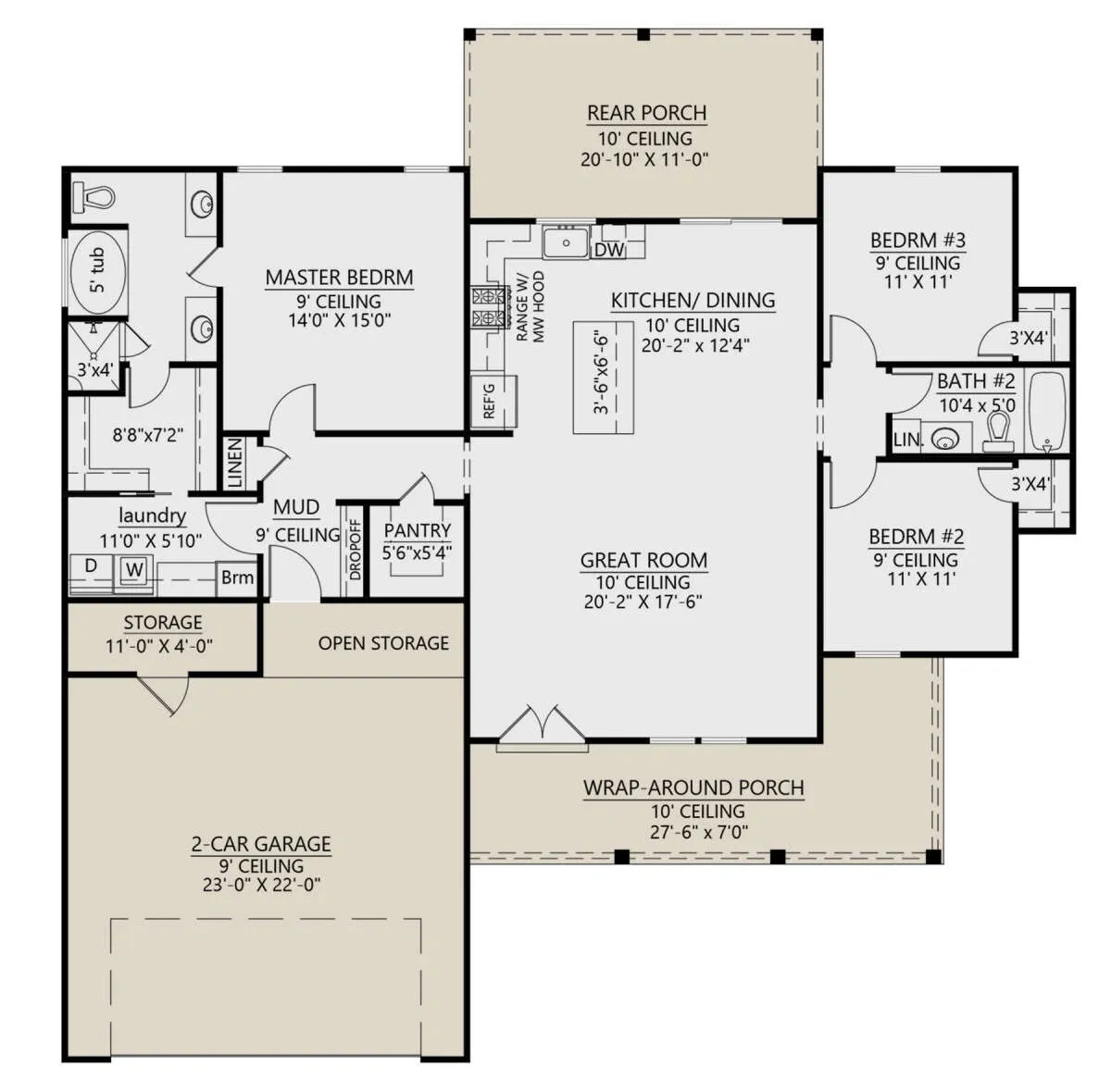 Single-story house floor plan with three bedrooms and two-car garage.