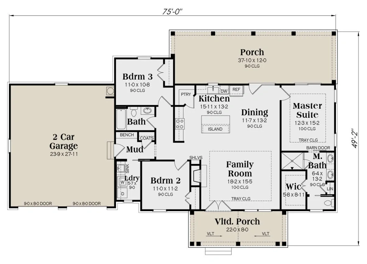 Single-story house floor plan with 3 bedrooms, 2-car garage, and spacious family areas.