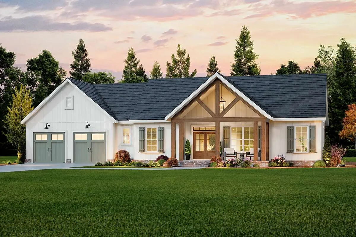 Beautiful modern farmhouse with a spacious front porch and garage.