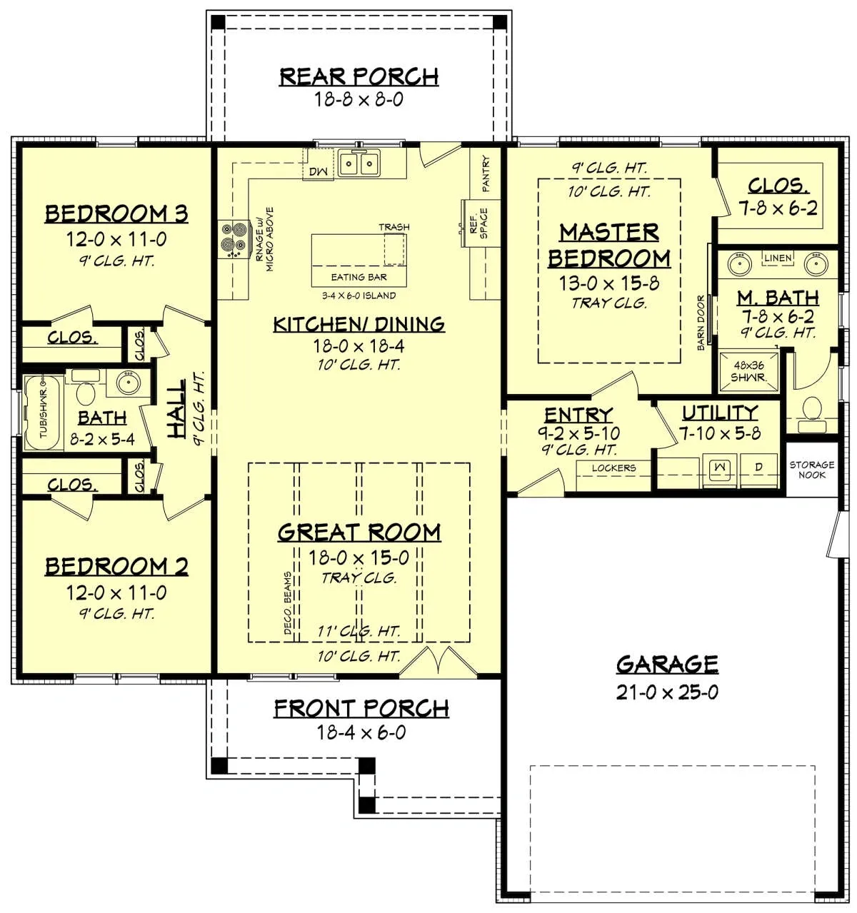 Detailed floor plan of a two-bedroom house with a garage and porches.